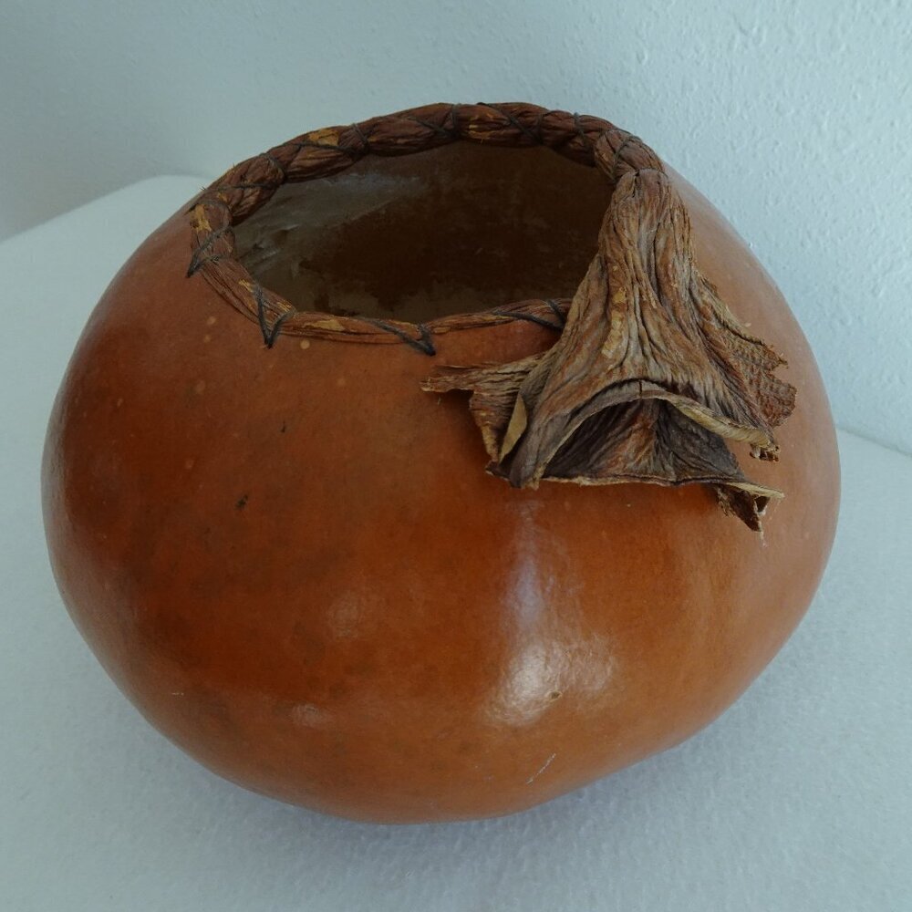 Vintage Artisan Signed Handmade Gourd Vase Bowl Natural Native Folk Art